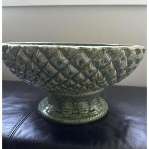 Green Ceramic Pedestal Bowl Pineapple Basketweave Fruit Compote MCM - 14"